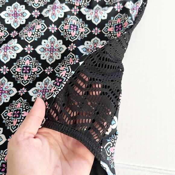 [Hula Honey] Black Gypsy Deco Lace Geometric Print One Piece Swimsuit Sz Small S - Picture 5 of 11